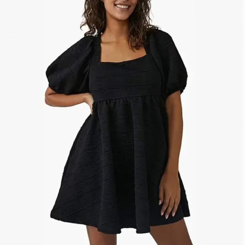 Free People Violet Black Bow Back Puff Sleeve Mini Dress